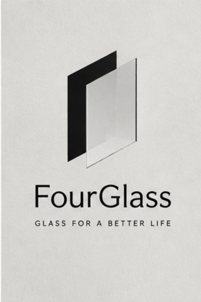 โลโก้ FourGlass แบบที่ 4: กรอบสีดำกับแผ่นกระจก และข้อความ Glass for a Better Life